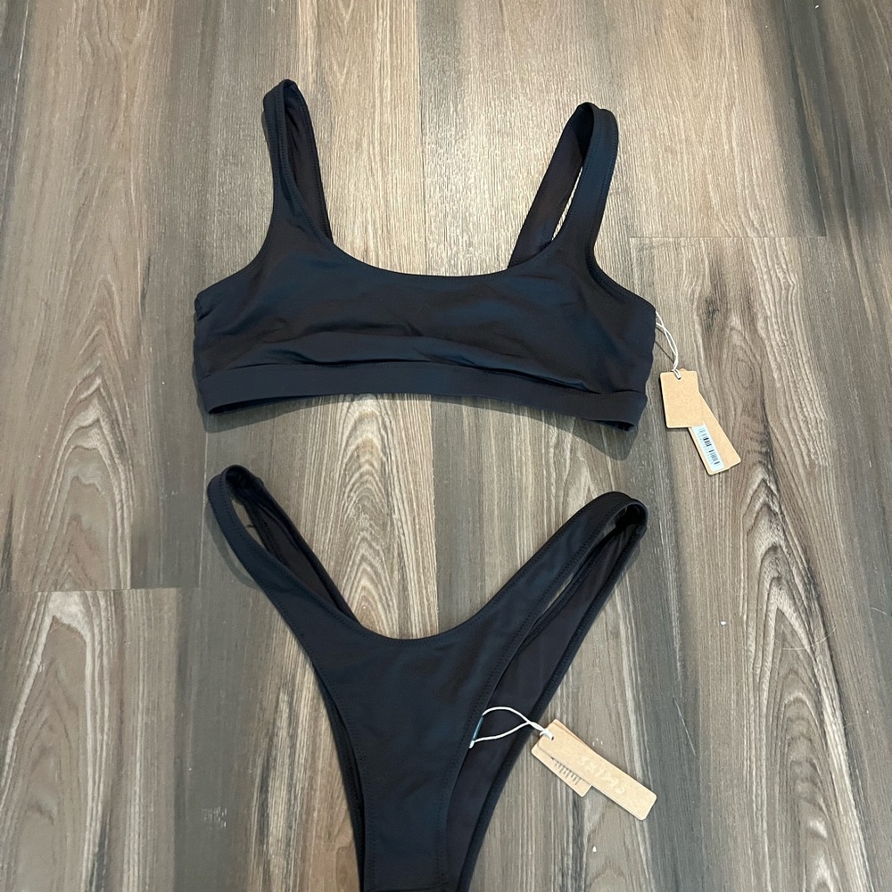 SKIMS Black Scoop Bikini Top & Thong Bottom Set